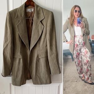 Vintage Longline Single Button Blazer Jacket Tan/Gray Greige EVC
